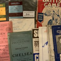 Chelsea Football Memorabilia: Home tickets v 53/54 Portsmouth, 56/57 Everton with numbers written, 54/55 postcard hand signed to rear by 8, 57/58 Hastings Metropolitan League Final fair, 1927 British Games at Stamford Bridge and more.