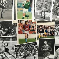 1990s Football Press Photos: Black and white and colour mostly with press stamps to rear. Mixture of individual player and match action. Good condition in various sizes. (75)