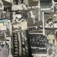 Football Memorabilia Box: Books to include Best Of Charles Buchans Monthly, quantity of replica photos with wide range of sizes and teams including Tottenham, few press photos including signed Ronnie Clayton, 47/48 New Brighton original large mounted photo with edge of card tatty not affecting photo, 14 A + BC Quiz football cards good Hereford content including programmes plus 1958 Roy Of The Rovers annual autographs including Astle and more.