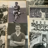 Football Photos: A4 size black and white replica photos of some old greats including a young George Best and Bobby Charlton plus Billy Wight and Stanley Matthews training. Instructions to sell. Good Manchester United content. Duplication. (27)