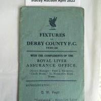 34/35 Derby County Football Fixture List: Four pager listing first team fixtures with many results filled in with pencil. Fair with repair to spine.