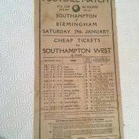 26/27 Southampton v Birmingham City FA Cup Railway Handbill: Railway flyer advertising travel to Southampton for the 4th round match. Couple of tiny tears to top border and some foxing but overall at least fair for near nearly 100 years old.