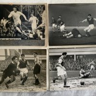 1950s West Ham Signed Football Press Photos: Great match action including John Dick v Rapid Vienna, Musgrove crossing v Lincoln in 1956 and Eddie Lewis v Sheffield United in 1956. Press stamps to all 3 with annotations to 2. C/W action at Arsenal in the FA Cup in 1975. Good large photos with all 3 mentioned payers having signed. (4)