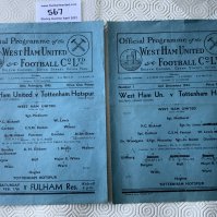44/45 West Ham v Tottenham Football Programmes: Single sheets in fair/good condition with folding and team changes. Cup match 10 2 1945 and league match 2 12 1944 which has small tear to border. (2)