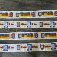 Bill Nicholson Silk Tottenham Football Scarves: Nicholsons All Stars mint condition silk scarves with Tottenham badge and picture of him in the early 70s although possibly produced later. Reverse reading Tottenham with British flag. (4)