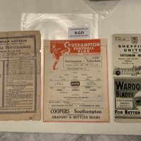 1940s Tottenham Football Programmes: Away 47/48 Southampton FA Cup possible trim, 49/50 Sheffield United and 48/49 home v Leeds which is tatty. (3)