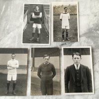 Arsenal Pre War Press Photo Postcards: All postcards have press stamps to rear except Andy Ducat which has a light trim to bottom border. There are 2 different Ducat at least one in Aston Villa kit. Other players are Clark Young and Dunn. (5)