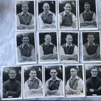 Arsenal 38/39 Signed Football Player Postcards: Original postcards from around 1938 including hand signed by Carr B Jones L Jones Drake Kirchen and Copping. Other players from the set of pictures taken from waste upwards are Wilson Swindin Bastin Male Hapgood Drury and Joy. All from the same set and not to be mixed up with a similar set of full length photos. 8 have press stamps to rear and 2 have evidence of being previous Y stuck down to rear. Rare chance. (13)