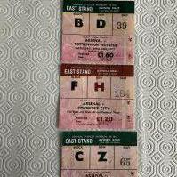 74/75 Arsenal Home Football Tickets: League matches in very good condition with light fold v Tottenham Stoke and Coventry. (3)