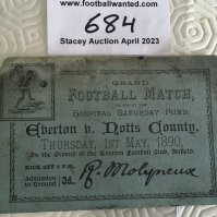 1890 Everton v Notts County Football Ticket: End of season friendly dated 1st May 1890 for the hospital Saturday fund. Played at Anfield which was Evertons home ground at the time. Previously been wet as rear has staining. Tiny piece missing from corner but still at least in fair condition.