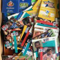 Football Trade Card Box: An old wooden box containing Match Attax, Pro Set and Magic Box Shoot Out cards in excellent condition. Instructions to sell. (3500+)