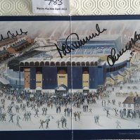 Manchester Signed Football Menu: Double page card with both inside pages depicting Maine Road in this farewell dinner in honour of the stadium. Signed clearly on the stadium by guest speakers Colin Bell, Francis Lee and Mike Summerbee.