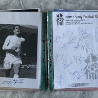 Football Autograph Folder: Undedicated autographs on programmes and photos to include Shearer, Coppell, Thompson, J Charlton, Hurst, Adams, Macari, Bond, Lyall, E Hughes, Hoddle and more to include a hand signed Notts County team on headed paper.