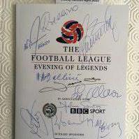 Signed Football Menu: Football League Evening of Legends from the late 90s. Signed to cover by famous foreign footballers who attended this prestigious event. 9 autographs include Leonardo, Rivelino, Wilson Piazza, Zito, Bellini, Djalma Santos, Menotti, Sepp Maier, Rainer Bonhof and Harold Toni Schumacher.