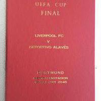 2001 Liverpool v Alaves Hardback Signed Final Programme: Red UEFA Cup final hand signed by the entire Liverpool squad that day. Numbered 1-23 for players with space for Houllier + Thompson of official sheet stuck in. 100 per cent genuine with every player identified. Who could forget that amazing 5-4 victory for Liverpool.