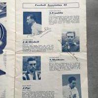 1946 Signed England Football Programme: Officially the FA X1 v Army Training Corps played at Wembley. Signed throughout the programme to include Franklin, Mitchell, Pye, Stubbins, Shackleton, G + L Smith, Allen, Cater, Soo, Elliott, Beattie, Mercer, Wardle, Hagan, Welsh and Lawton.