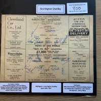 Accrington Stanley 1940s 1950s 1960s Football Autograph Collection: Stunning private collection all pre 1970 from various publications. Signatures are identified and laid down with photo corners on 12 x 12 inch card and easily removable. 8 pages to include 2 fully signed team groups, 6 signed trade cards, 5 signed autograph pages, a signed programme and various sized pictures, 2 are A4. 90 different player signatures including Les Cocker, Ian Gibson, George Hudson, Jack Swindells, Sid Storey, Paddy Sowden, Walter Galbraith, George Stewart, Harold Bodle and Jimmy Harrower. (130+)