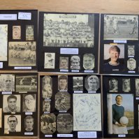 Chesterfield 1940s 1950s 1960s Football Autograph Collection: Stunning private collection all pre 1970 from various publications. All signatures are identified and laid down with photo corners on 12 x 12 inch card and easily removable. 15 pages to include 2 fully signed team groups, 8 signed trade cards, 7 signed autograph pages and 70 various sized pictures to include 4 A4. 120 different player signatures including Alan Stevenson, Gordon Banks, John Osborne, Tommy Capel, Ron Powell, Ernie Moss, Eric Moore, Bill Curry, George Duncan, Dave Blakey, Billy Stark, Kevin Randall, Neil Warnock, John Archer etc. (220+)