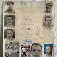 1940s Derby County Football Autographs: 13 pencilled autographs on lined paper then stuck down in the day with players pictures. Includes some 1946 FA Cup winners.