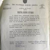 George Cohen Fulham Signed Football League Letter: Interesting letters regarding the injury the World Cup winner received in 1967 playing for Fulham which ended his career. First letter is from Fulham stating they have received 20,000 pounds from the Football League. Second letter is from George Cohen and signed by him regarding a pay off of 750 pounds. Both amounts to be paid back if Cohen manages to resume his career. (2)