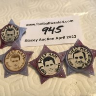 West Ham Football Star Badges: In the shape of a claret and blue star with a circular black and white picture to middle. Players include Ernie Gregory, Eddie Lewis, Billy Dare and Noel Cantwell. (4)