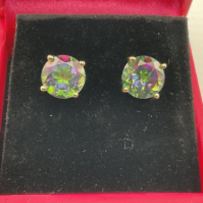 A pair of 9ct gold earrings set with mystic topaz. Postage category A.