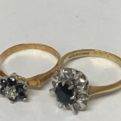 Two 18carat gold rings set with sapphire and small diamonds. Weight 7.4g