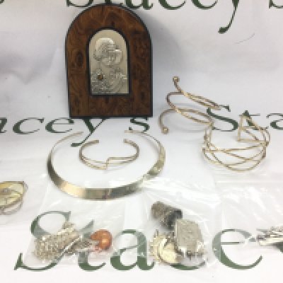 A collection of silver jewellery including bracelets, necklaces, brooches etc. Shipping category B.