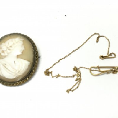 An unmarked yellow metal fine chain and a cameo brooch. Postage A