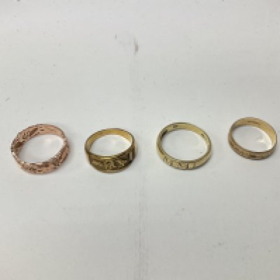 Four 9ct gold bands, approx weight 13 grams.