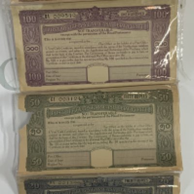 Burma (Myanmar), 1945, Post Office Cash Certificates (Set of 10, 20, 50, 100, 500, 1000 Rupees),&#2013266080POST OFFICE 5 YEAR CASH-WAR SAVINGS,&#2013266080unused certificate printed on GOVT.&#2013266080OF BURMA,&#2013266080watermarked paper, poor condition. (A) NO RESERVE
