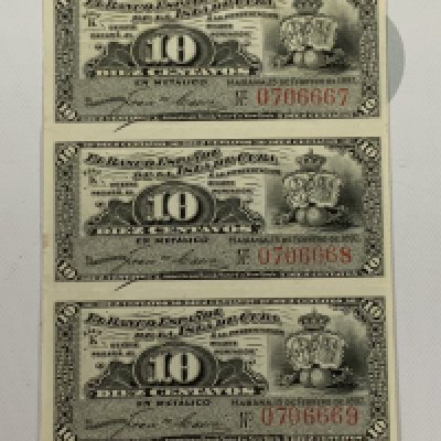 1897 El Banco Espanol FIVE Uncut Consecutive serial, 10 Ctvs. (A) NO RESERVE