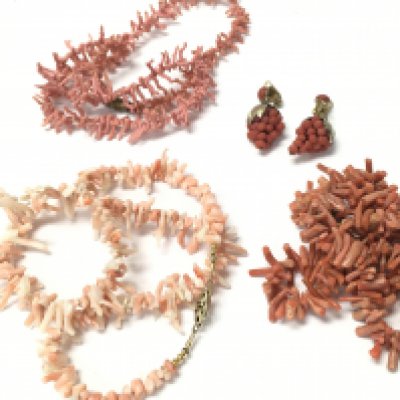 A pair of silver gilt coral bunches of grapes earrings and coral necklaces. Postage category A