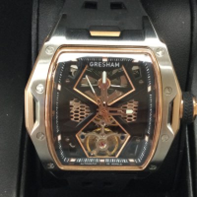 Gresham G1 special edition stainless steel black and rose watch with black rubber strap. As new condition with box and paperwork seen working. Postage B
