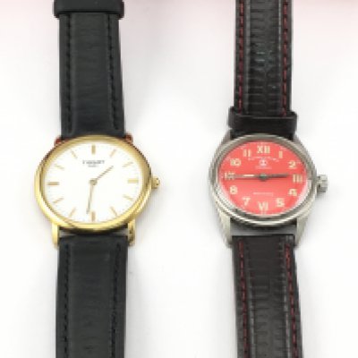 A Tissot watch with black leather strap and box and a vintage Favre Leuba sea king watch. Neither need running. Postage B
