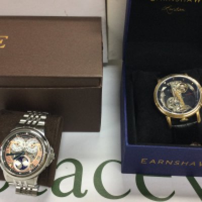 Two Earnshaw automatic wrist watches including a moon phase version. Both in boxes and seen running. Postage B