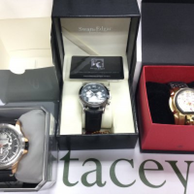 Three watches including police DeLorean and Swan and Edgar. All with boxes. Postage B