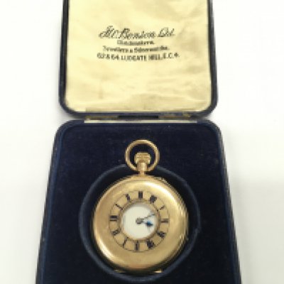 A 9ct gold half hunter pocket J W Benson. Winds and runs. Total weight 95.28gApproximately 46mm case.Postage B