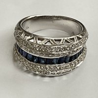 White gold sapphire and diamond ring. 0.75ct sapphires, 1.00ct diamonds, 8.8g. Ring size approx N. Postage category A.