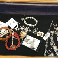 A display case containing silver pearls, cameo, Wade porcelain Tommy Steele brooch, red coral bracelet. This lot cannot be posted
