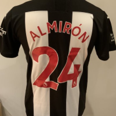 Newcastle 2019 - 2020 Match Worn Football Shirt: Black and white short sleeve shirt with Black Lives badge to sleeves. Almiron 24 to rear. Worn  v Tottenham on 15 July 2020.