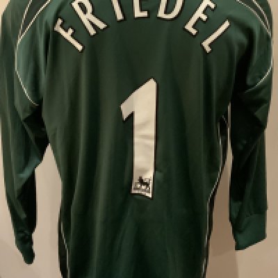 Blackburn Rovers 2005 - 2006 Match Worn Football Shirt: Green long sleeve goalkeeper shirt with Premier League badges to sleeves. Friedal 1 to rear. Worn v West Ham on 13 August 2005.  Shirt is unwashed.

