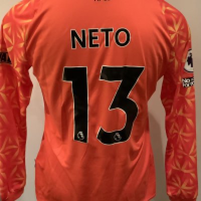 Bournemouth 2022 - 2023 Match Worn Football Shirt: Orange long sleeve goalkeeper shirt with Premier League badges to sleeves. Neto 13 to rear.