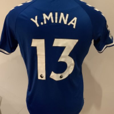 Everton 2020 - 2021 Match Worn Football Shirt: Blue short sleeve shirt with Premier League badges to sleeves. Mina 13 to rear. Worn v Tottenham on 13 September 2020. Everton won 1-0.