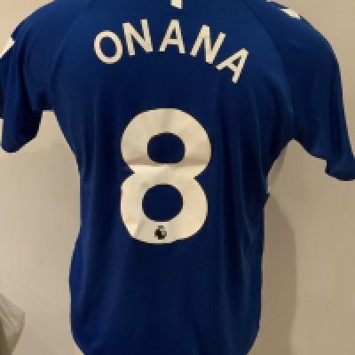 Everton 2022 - 2023 Match Worn Football Shirt: Blue short sleeve shirt with Premier League badges to sleeves. Onana 8 to rear. Worn v Tottenham on 15 October 2022. 