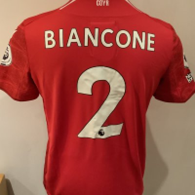 Nottingham Forest 2022 - 2023 Match Issued Football Shirt: Red short sleeve shirt with Premier League badge to sleeves. Biancone 2 to rear. Issued v Tottenham on 28 August 2022