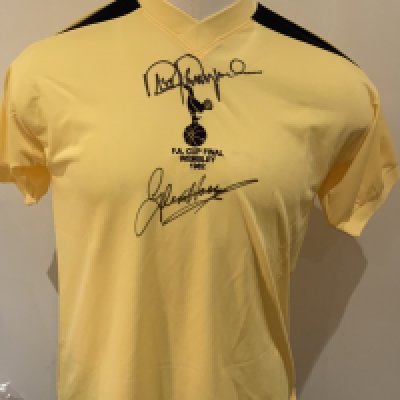 Tottenham 1982 FA Cup Final Signed Replica Shirt: Yellow short sleeve shirt signed to front by Hoddle and Perryman. COA from reputable source. 