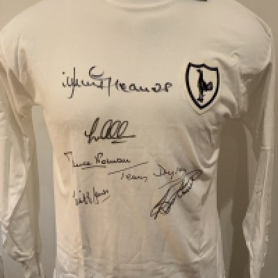 Tottenham 1963 European Cup Winners Cup Final Signed Replica Shirt: Signed to front by Allen, Greaves Norman Dyson Jones and Smith. COA from reputable source. 