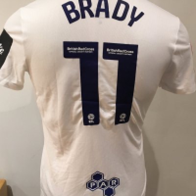 Preston 2022 - 2023 Match Worn Football Shirt: White short sleeve shirt with FA Cup badge to sleeves. Brady 11 to rear. Worn v Tottenham on 28 January 2023.