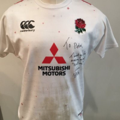 England Under 20 Home Match Worn Rugby Union Football Shirt: White short sleeve Canterbury XL unwashed signed with long dedication number 7 shirt. GPS tracking pocket present at neck. 
